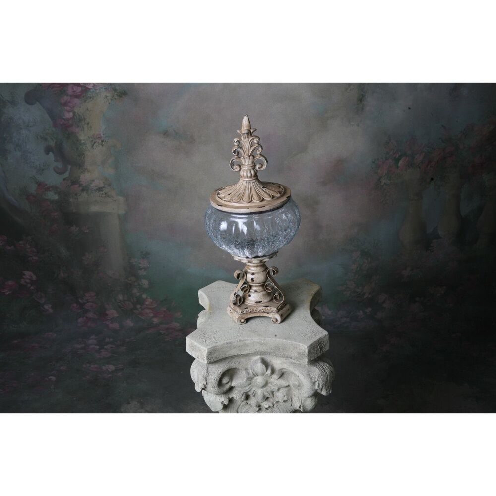 Decorative Crackle Glass Jar With Fleur-de-lis Lid Metal Work Aged - Picture 6 of 9